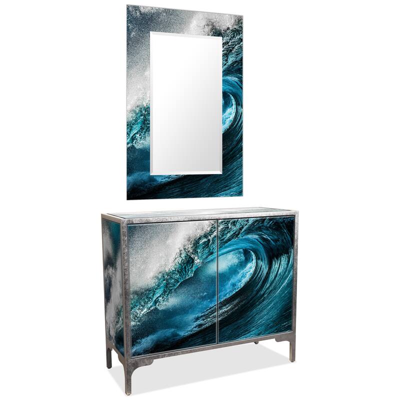 "Sapphire Sea" Reverse Printed Beveled Art Glass Cabinet Console Table and Mirror set - 42" x 37 x 17" & 48" x 32"