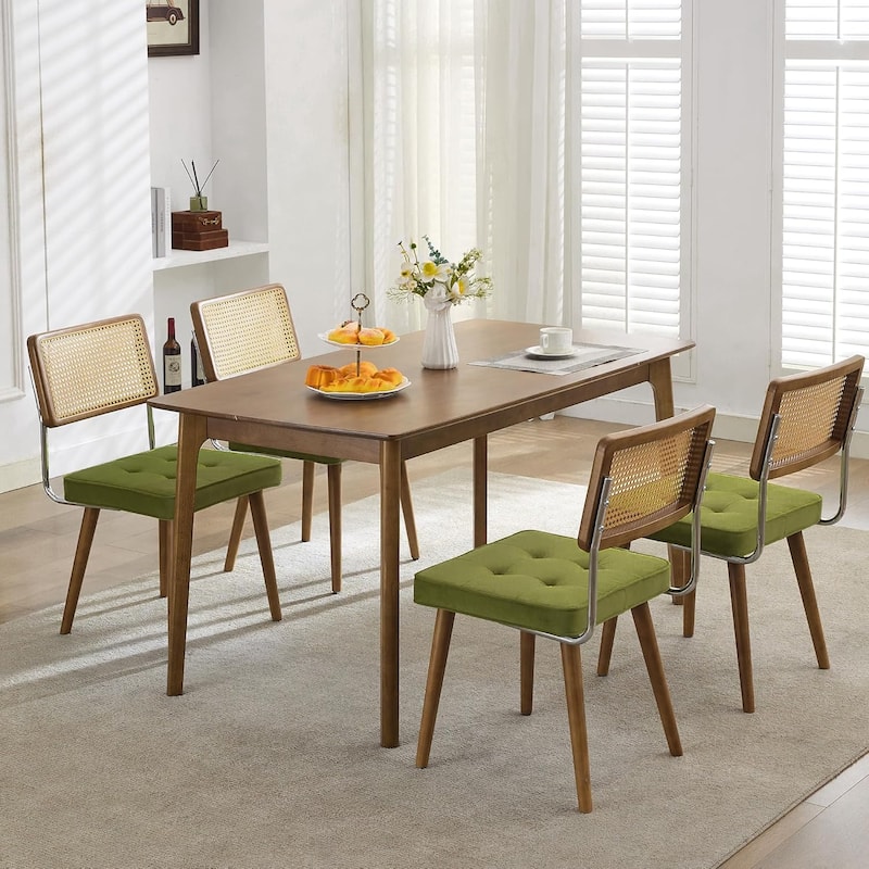 Natural Rattan Dining Chairs, Velvet Upholstered Kitchen Chairs with Tall Cane Backrest