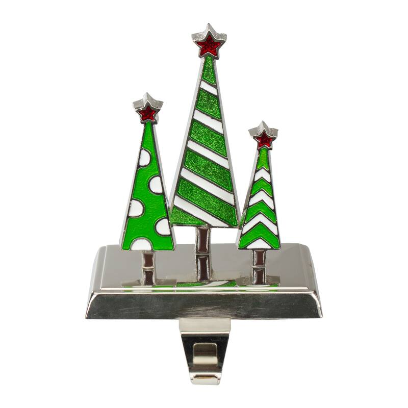 7" Silver Green and White Christmas Tree Trio Stocking Holder