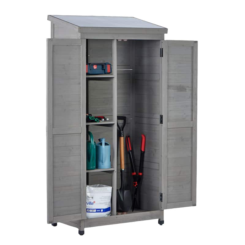 Outdoor Wooden Storage Shed with Metal Top Tall Vertical Tool Cabinet for Backyard Garden Patio Lawn