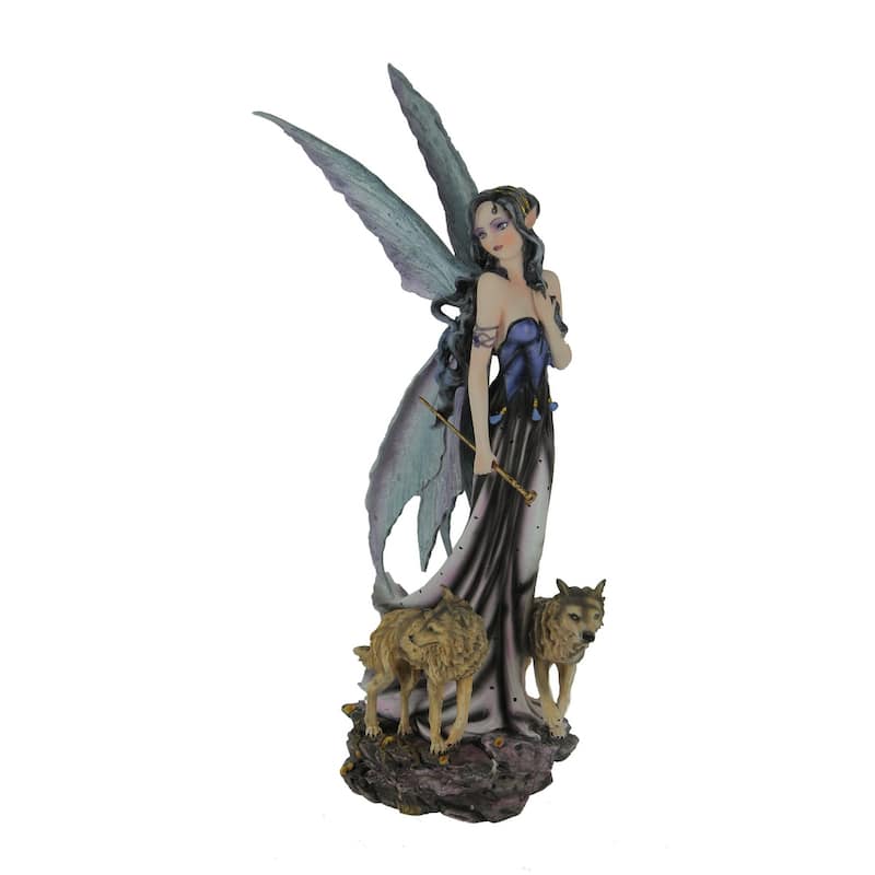 Blue Fairy In Long Dress Walking With Twin Wolves Statue - 10.5 X 5.5 X 3.25 inches
