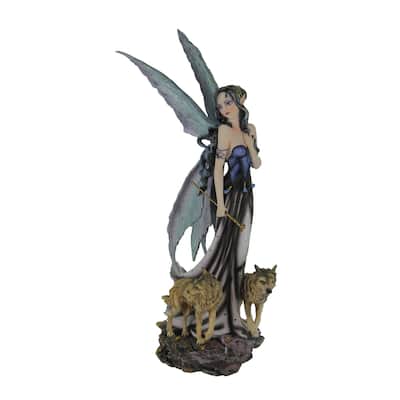 Blue Fairy In Long Dress Walking With Twin Wolves Statue - 10.5 X 5.5 X 3.25 inches