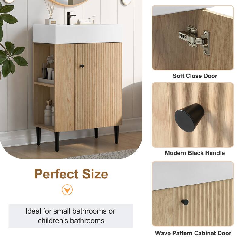 Freestanding Wave-Textured Surface Storage Cabinet Bathroom Vanity with Ceramic Sink, Metal Handle and Left Side Open Storage