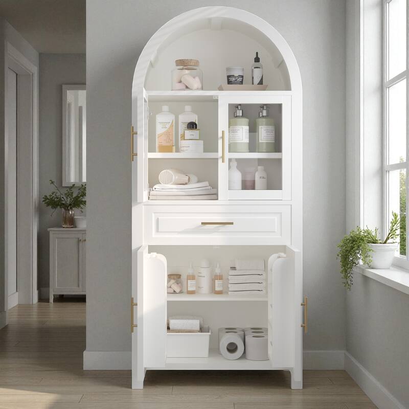 71" Tall Arched Farmhouse Pantry Cabinet with Glass Barn Door, Adjustable Shelves for Kitchen or Dining Room