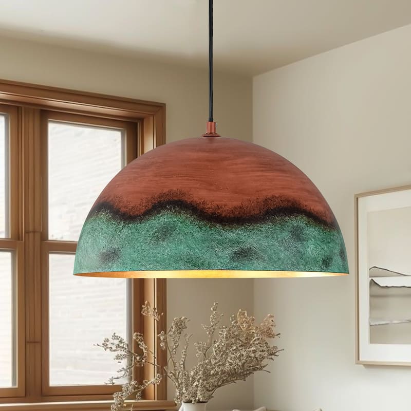 Weathered Copper Metal Oversized Dome Pendant Green Patina Accent