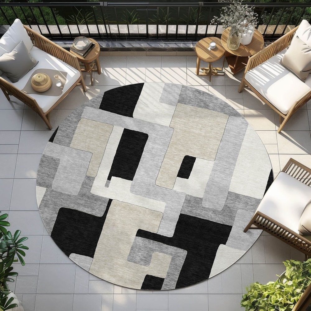 Machine Washable Indoor/ Outdoor Contempoary Blocks Chantille Rug