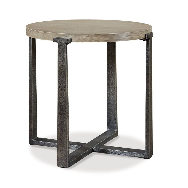 Dalen Side End Table, Round Gray Oak Veneer Top, Metal Base, 24 Inch