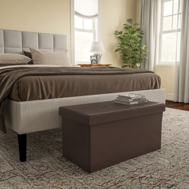 Large Foldable Storage Bench Ottoman- Tufted Faux Leather Cube Organizer Furniture by Lavish Home - 30 x 15 x 15
