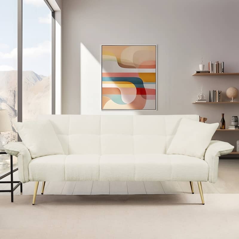 70 "Teddy Velvet Sofa Bed With Adjustable Armrests - Beige