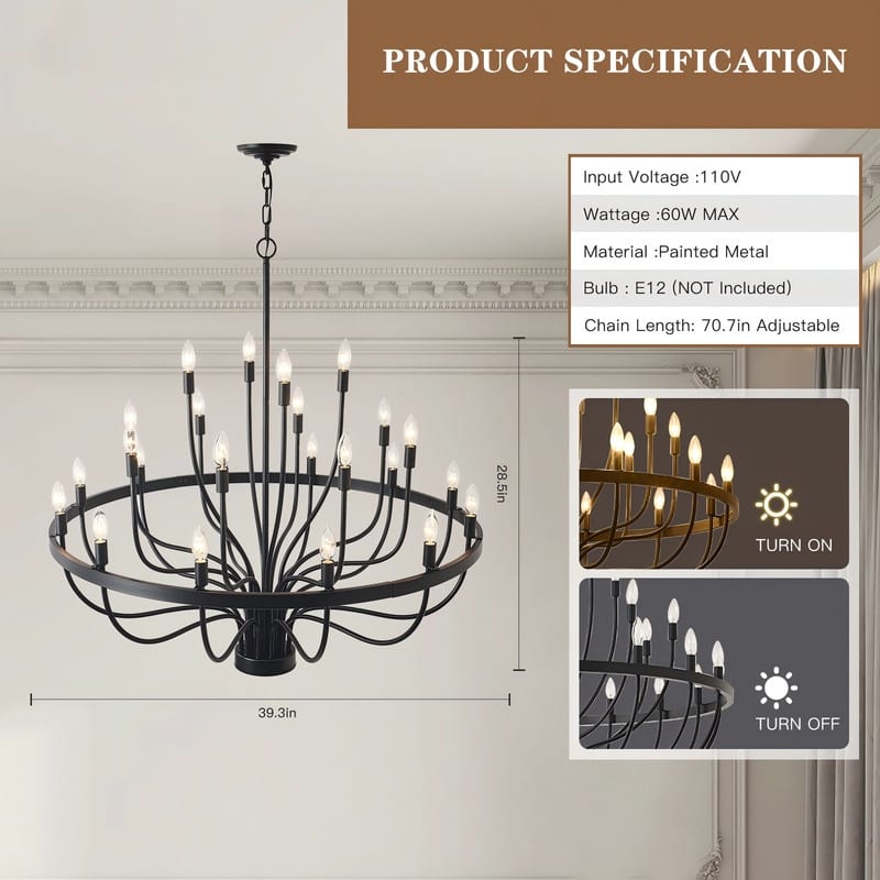 Classic Wagon Wheel Chandelier - Adjustable Rustic Ceiling Light with Matte Black Finish