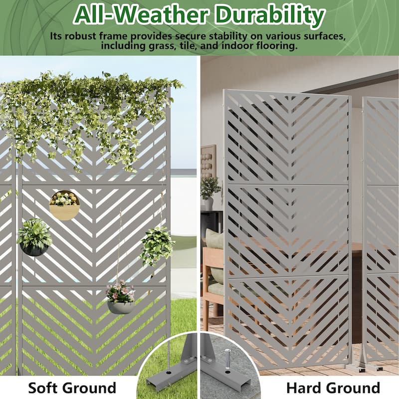 Outdoor Privacy Screen 2-Panel Chevron Metal Privacy Fence with Wind-Resistant Base Durable Decorative Divider
