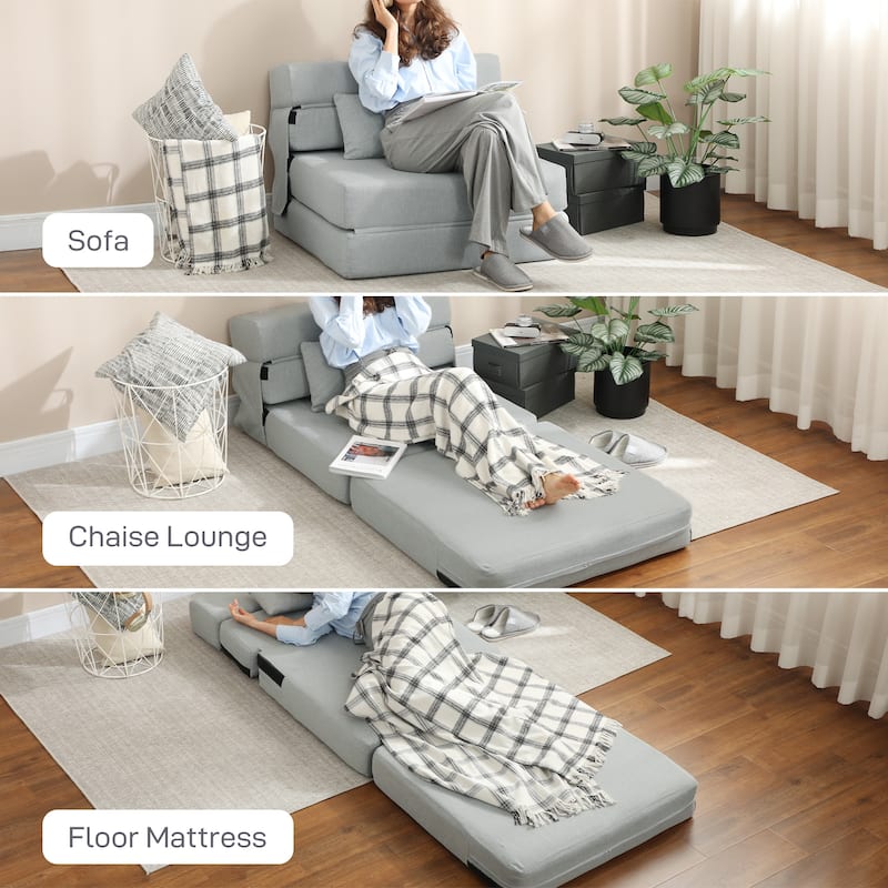 HOMCOM Folding Sofa Bed, Sleeper Chair with Pillow, Modern Linen Convertible Chair Bed, Fold Out Floor Futon Couch