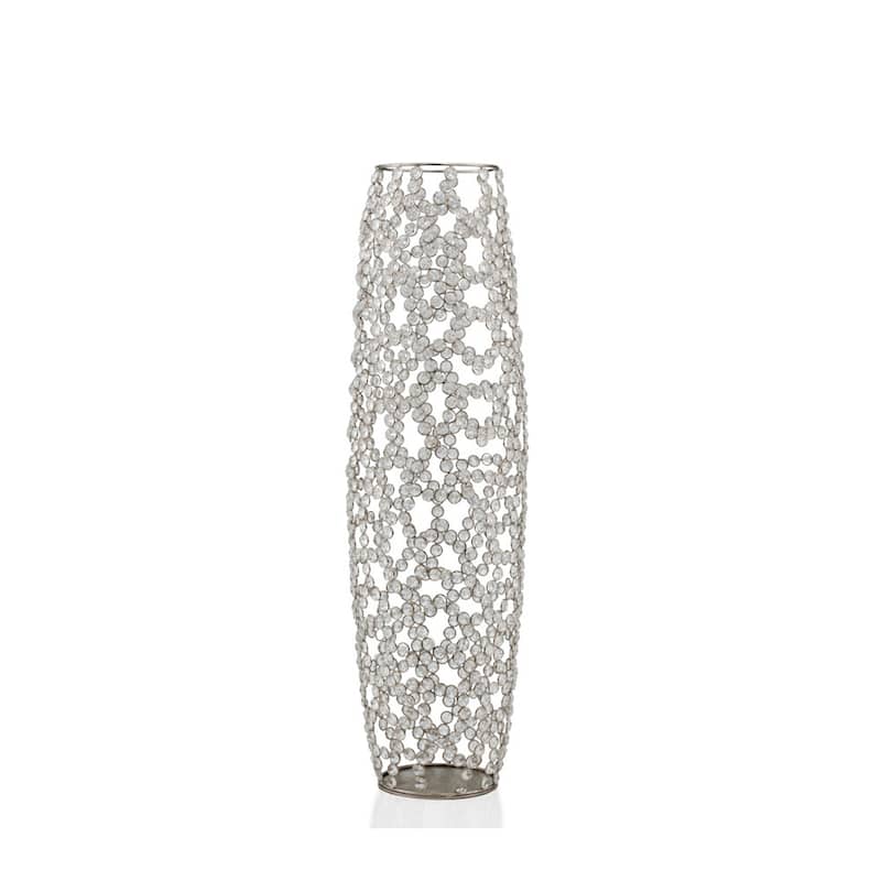HomeRoots 32" Silver Cylinder Crystal Glass Floor Vase With Faux Crystals