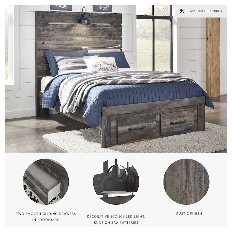 Drystan Rustic Brown Panel Bed with Footboard Storage Drawers