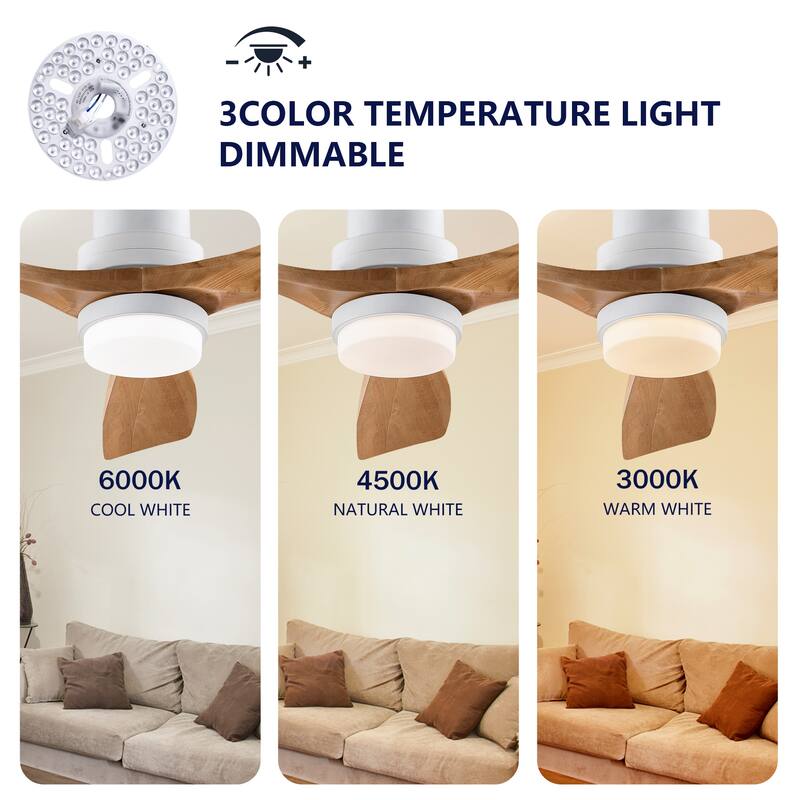 52" Ceiling Fan w/ 3 Color Dimmable 3 Blades Remote Control Reversible DC Motor