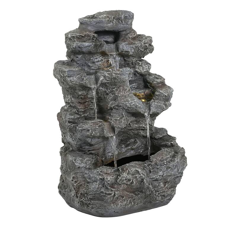 Roomfitters 24" 5-Tiered Tall Slim Concrete Outdoor Fountain with LED Lights, Space-Saving Faux Stone Column Water Feature, Gray