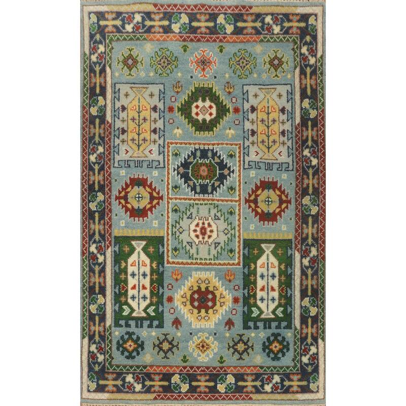 Hand-knotted Traditional Wool Blue Geometric Oriental Area Rug - 6' 0'' X 4' 0''