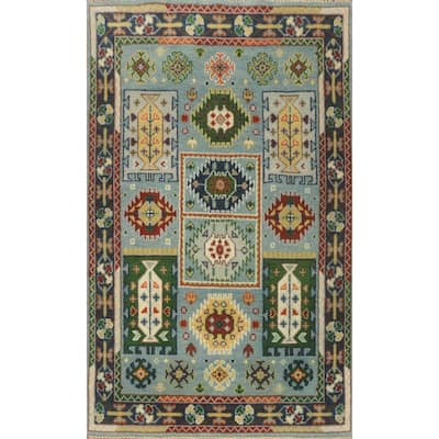 Hand-knotted Traditional Wool Blue Geometric Oriental Area Rug - 6' 0'' X 4' 0''