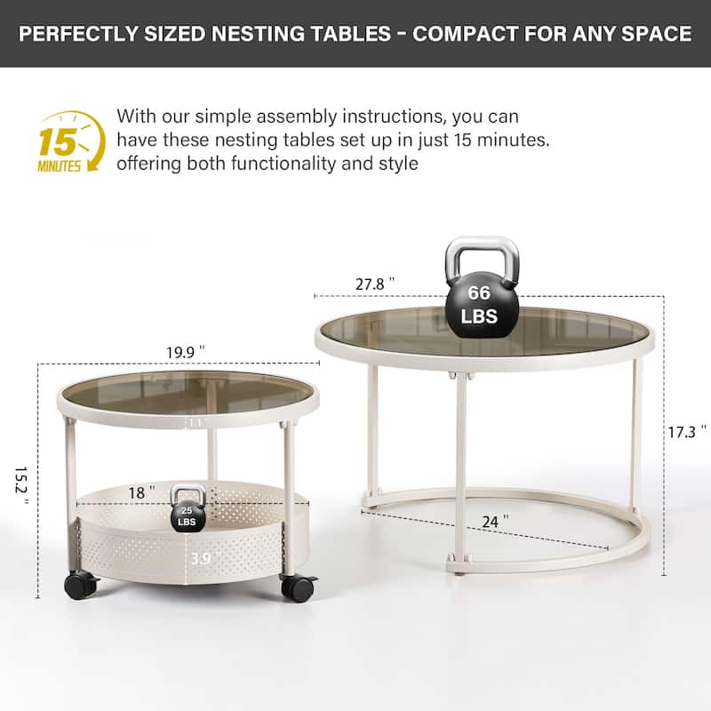 Meyreso Round Tempered Glass Nesting Coffee Tables with Metal Frame