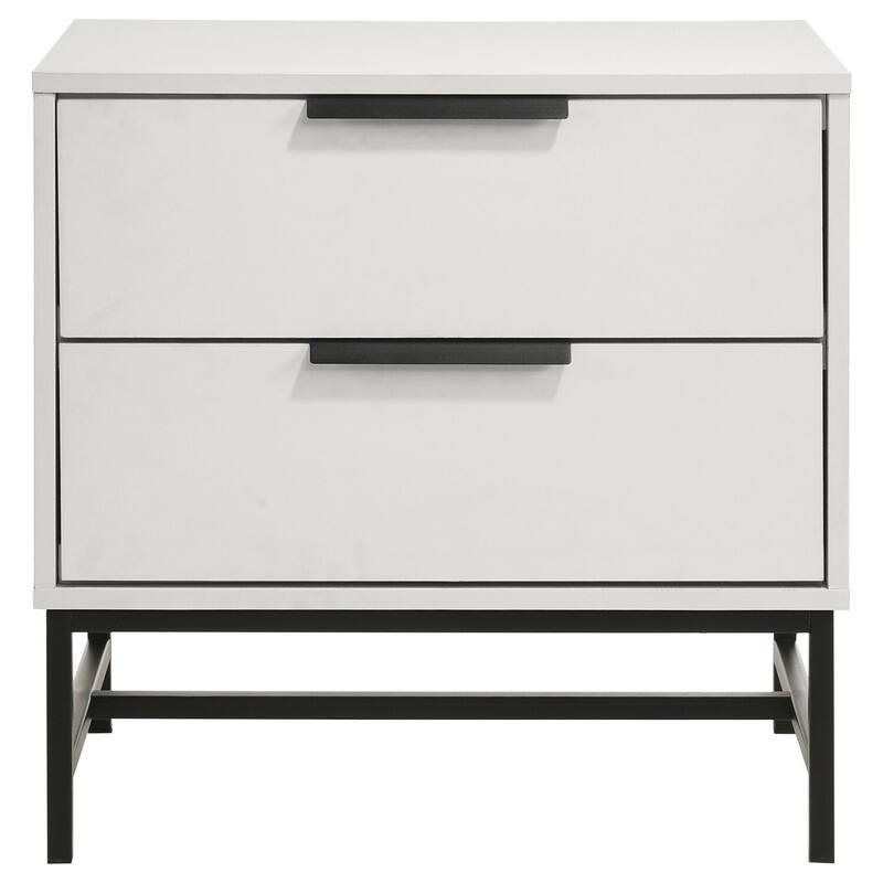 White 2-Drawer Nightstand with Black Base, Bar Pulls and Wide Top for Sleek Minimalist Contemporary Bedside