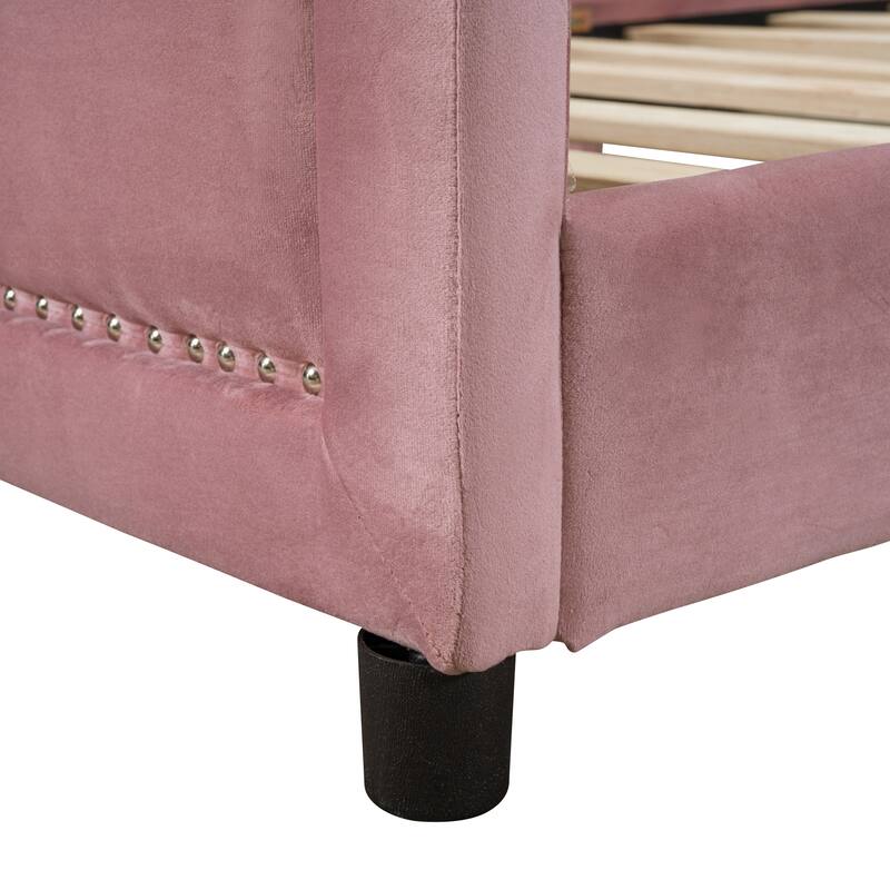 Twin Size Upholstered Daybed with Classic Stripe Headboard, Pink