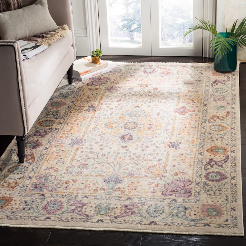 SAFAVIEH Illusion Alisa Vintage Boho Oriental Viscose Rug with - 4' Square - Cream/Purple