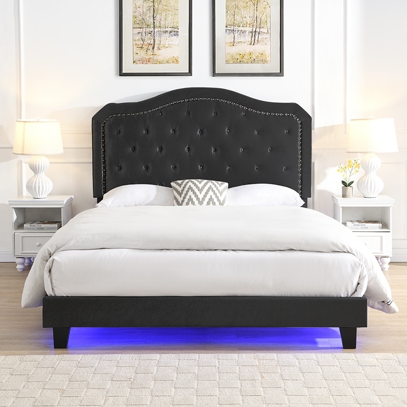 Modern Upholstered Platform Bed, Queen Size LED Bed Frame with Button Tufted Headboard, No Box Spring Required