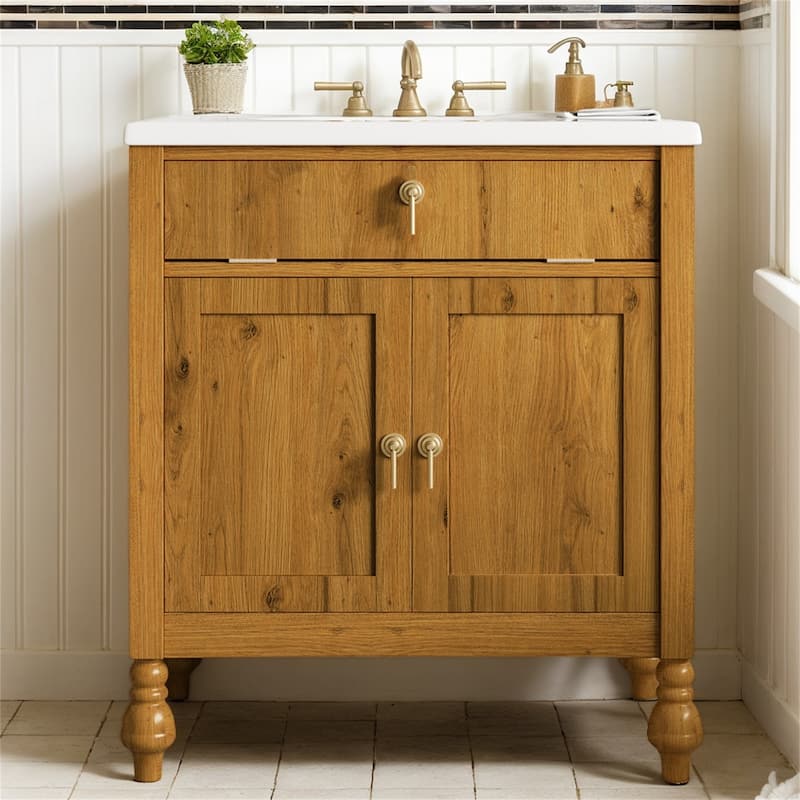 30" Flip-Up Storage Walnut Bathroom Vanity with Seashell Resin Sink - Brown