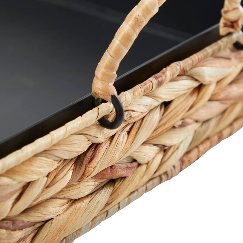 Light Brown Seagrass Handmade Nesting Living Room Decor Tray with Black Wood Interiors (Set of 2) - 20", 16"W