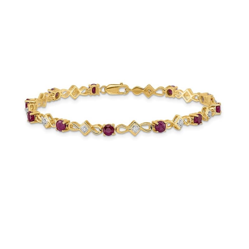 Curata 14k Yellow or White Gold 7" 4mm Emerald, Ruby or Sapphire and Diamond Bracelet