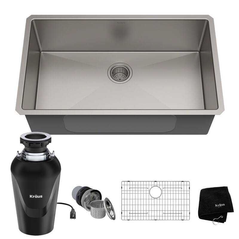 KRAUS Undermount 32 inch 1-Bowl Stainless Steel Kitchen Sink - 32" L x 19" W (sink KHU100-32) w/ KWD100-75MBL - Stainless Steel with Black Garbage Disposal