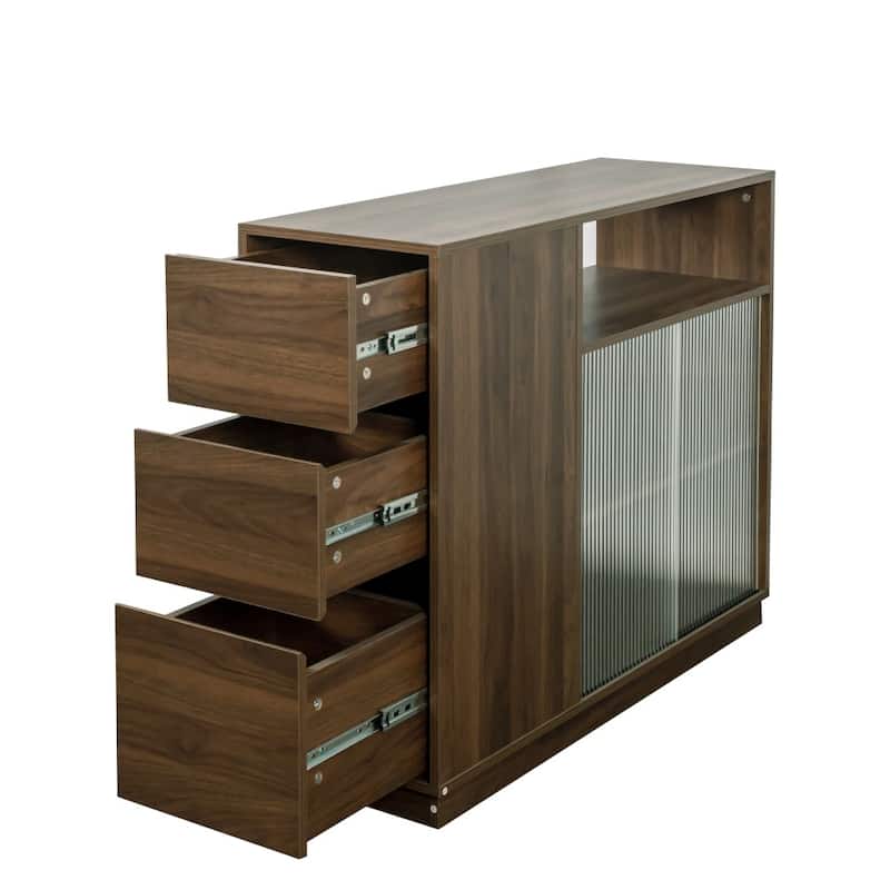 39.37" Kitchen Cabinet Sideboard Storage with 2 Glass Sliding Doors and 3 Drawers
