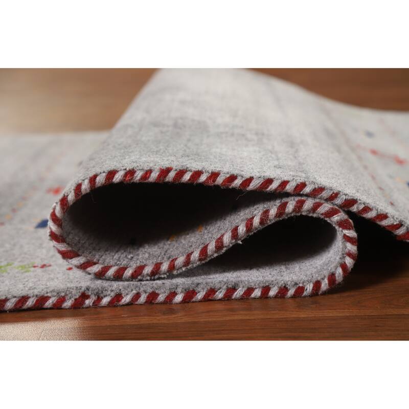 Hand Knotted Oriental 100% Wool Carpet Tribal Animal Pictorial Greys & Charcoal Gabbeh Runner Rug - 7' 10'' X 2' 8''