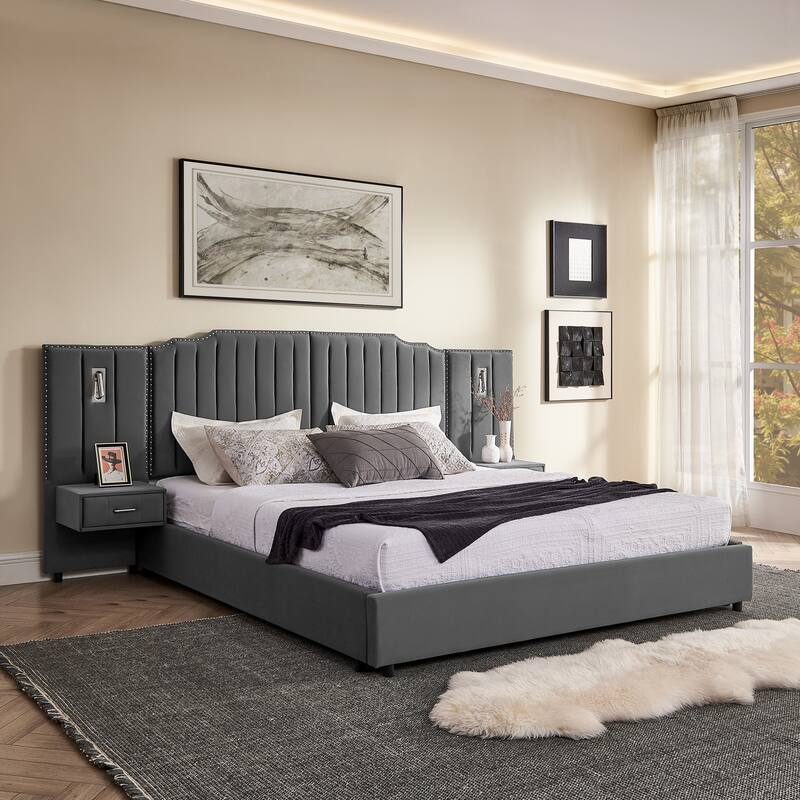 King Size Upholstered Bed Frame with Velvet Fabric, Vertical Stripe Design with Buttons Around King Size Platform Bed