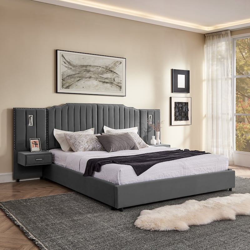 King Upholstered Wingback Platform Bed Frame with Vertical Stripe Enlarged Headboard, Adjustable Lamps & Integrated Nightstand