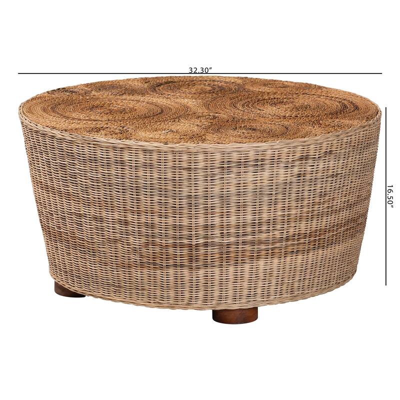 Hosanna Natural Rattan Coffee Table - Handwoven Wicker Accent Table with Textured Spiral Top for Living Room