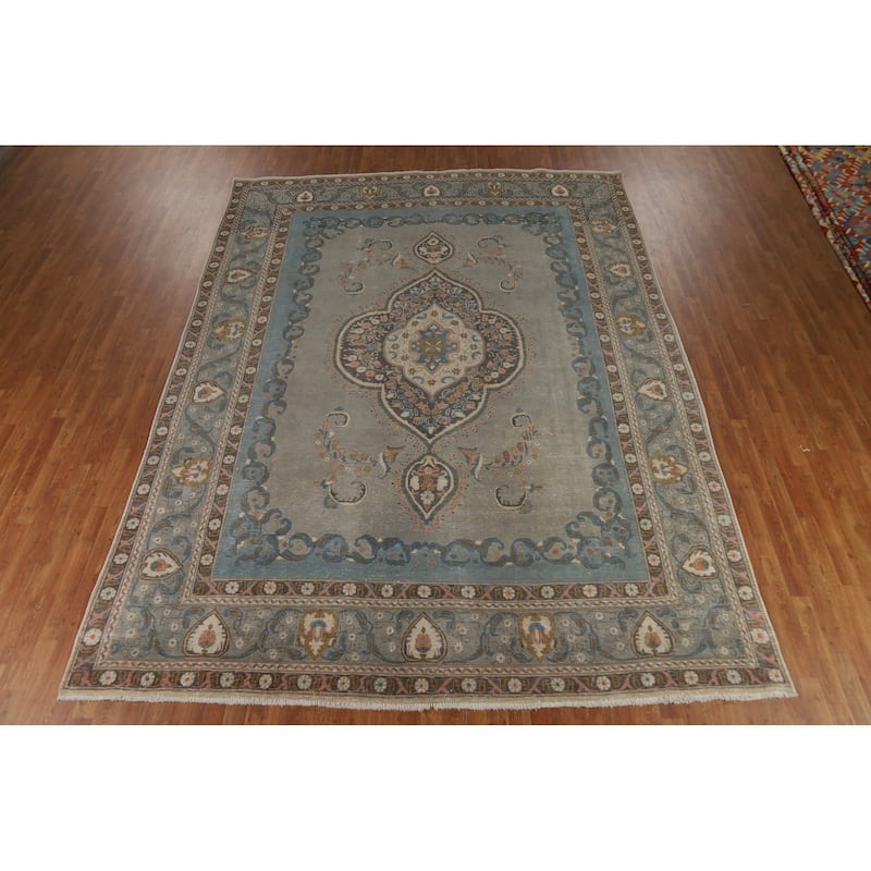 Tabriz Persian Vintage Area Rug Hand-Knotted Bedroom Wool Carpet - 9'7" x 12'9"
