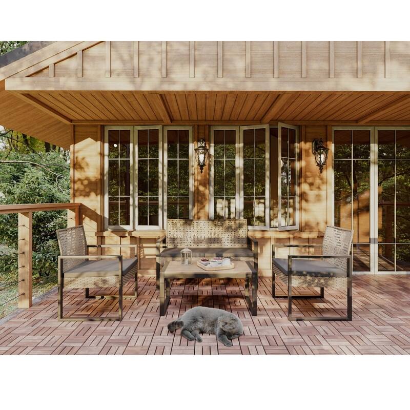 4-Piece Patio Furniture Set Outdoor Balcony Porch Garden Backyard Lawn Furniture Acacia Wood Table Top