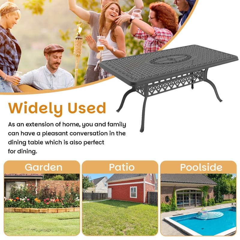 66.93" x 37.4" Outdoor Patio Rectangular Cast Aluminum Dining Table with Umbrella Hole for 6 Person