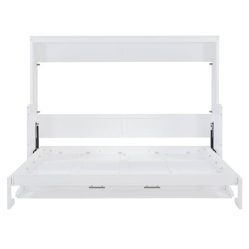Queen Size Foldable Murphy Bed Wall Bed Convertible Desk with Storage, Bedroom Pine Wood Bed Frame, Modern Pull Down Bed