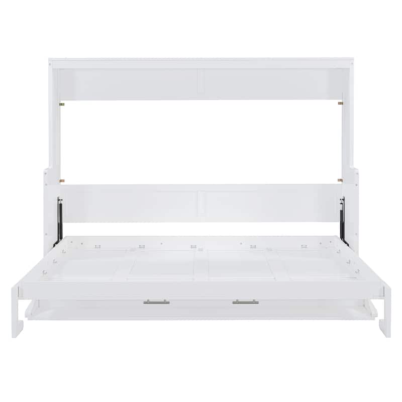Queen Size Wall Murphy Bed with Hydraulic Lift & Desk, Solid Wood Platform Bed Frame w/Storage Shelf for Guest Room Home Office