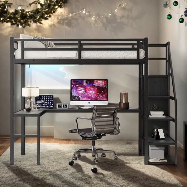 Modern Full Size High Loft Bed with L shaped Desk USB Wardrobe and Adjustable Shelf and LED Bed Bath Beyond 40770473