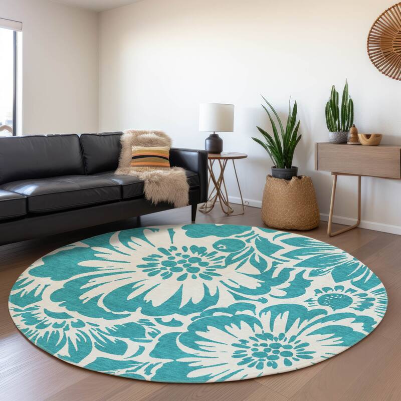 Premium Washable Super Soft Modern Floral Mayfield Rug - Teal - 8' x 8' - Round