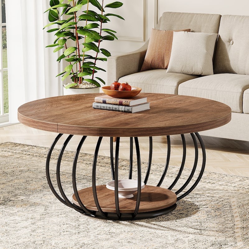 39.4" Rustic Wood Round Coffee Table with 2-Tier Storage - 39.37"D x 39.37" W x 18.11" H