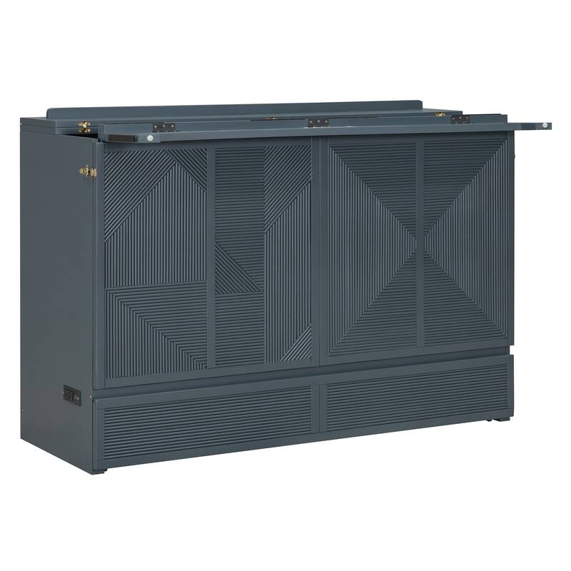 Queen Size Folding Murphy Bed Cabinet with USB Charging Ports, Storage Drawer & Wheels, Space-Saving Convertible Design