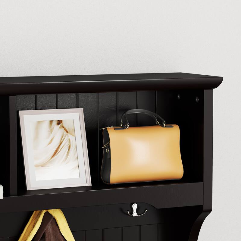 3-in-1 Hallway Hall Tree with 2 Storage Drawer and 4 Coat Rack, Wooden Entryway Shoe Rack Bench with Padded Seat Cushion