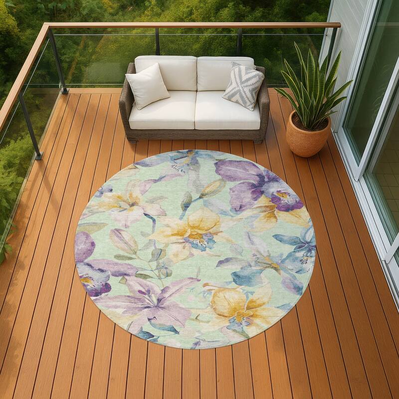 Machine Washable Indoor/ Outdoor Modern Floral Chantille Rug - Mint - 8' x 8'