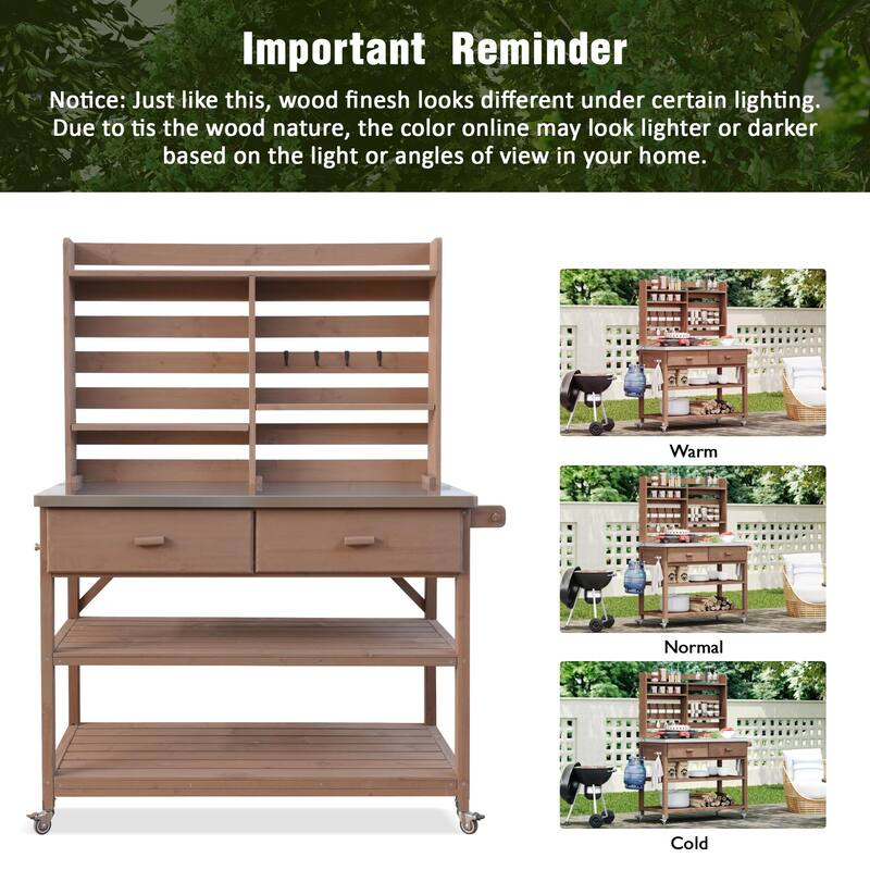 64.9"H Outdoor Potting Table with Lockable Wheels,Solid Wood Kitchen Island with Upper Hutch,Stainless Steel Top,Towel Rack