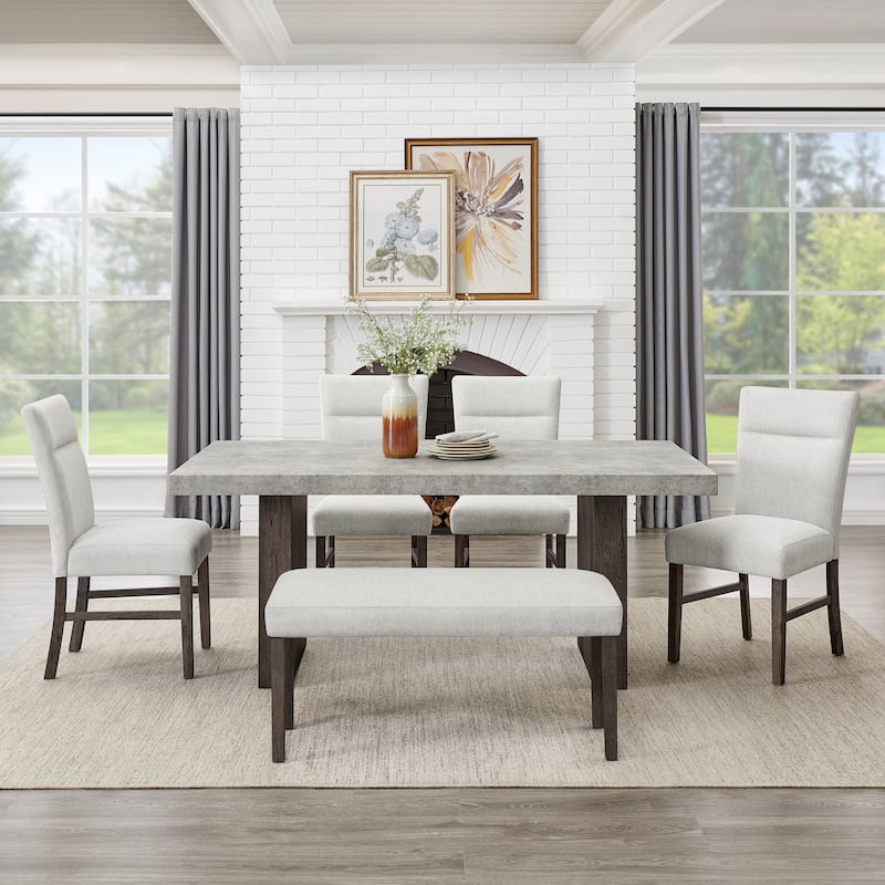 Roundhill Furniture Sorlen Modern 6-Piece Dining Set, 3D Faux Concrete Table with 4 Chairs and Bench