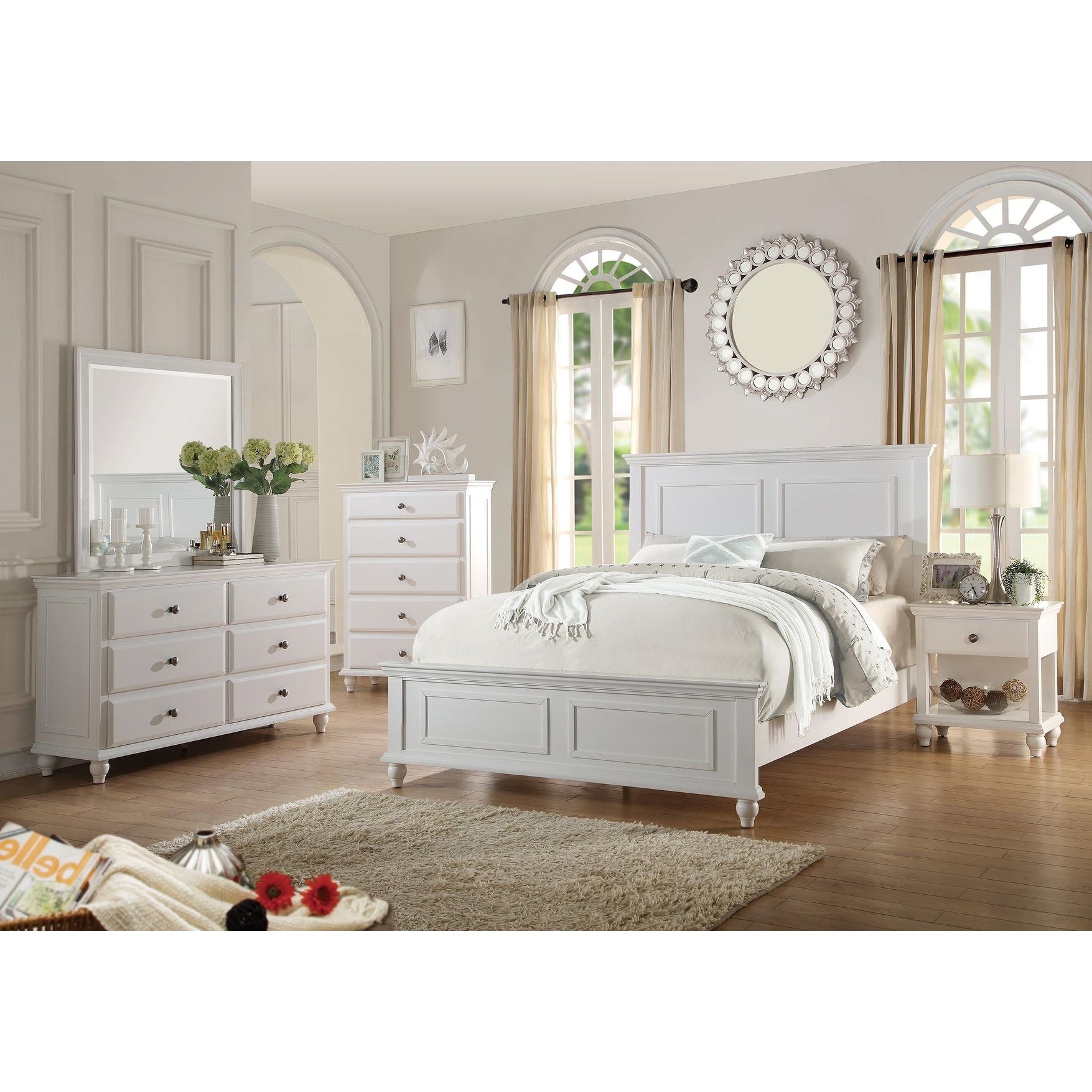 Traditional Style Bed Nightstand Dresser Mirror And Chest Set Panel Headboard Round Knobs White Finish Bedroom Furniture